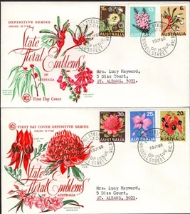 Conjunto de 6 emblemas florales del estado de Australia 1968 en 2 cubiertas de primer día WCS, GC - Imagen 1 de 1