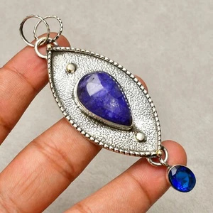 Ciondolo gioiello fatto a mano argento sterling 925 pietra zaffiro blu 3,23" - Foto 1 di 8