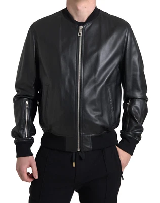 Chaqueta de bombardero Dolce & Gabbana de cuero negra con cremallera completa para hombre IT54/US44/XL PRECIO DE VENTA SUGERIDO POR EL FABRICANTE $2800 Foto 1 de 4