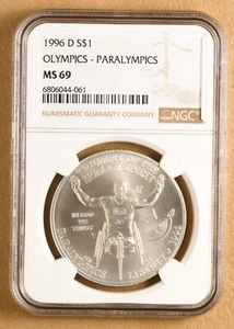 1996 D Paralympics Wheelchair Commemorative Silver Dollar NGC MS69 - Picture 1 of 2