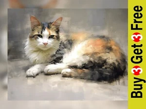 "Feline Repose - Tabby Katze sitzen, fesselnder Ölgemäldedruck 5""x7" - Bild 1 von 8