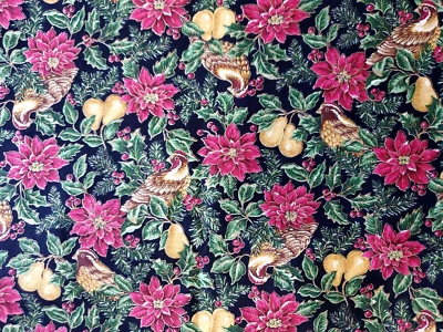 Holiday poinsettia pear Bird print cotton fabric By Cranston 1 - 3/4 X 58" Wide - Image 1 of 3