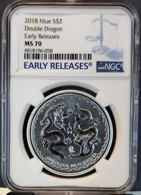 2018 NIUE SILVER 2 DOLLARS DOUBLE DRAGON PEARL OF WISDOM NGC MS 70 PERFECTION - Image 1 of 3