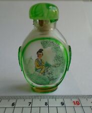 Vintage Chinese Glass Inside Painted Snuff Bottle w/Green Glass Stone Top