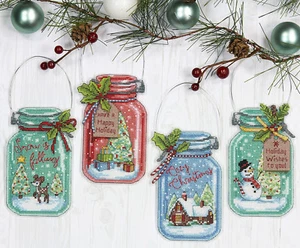 Cross Stitch Kit ~ Dimensions Set of 4 Christmas Jars Ornaments #70-08964 SALE! - Picture 1 of 3