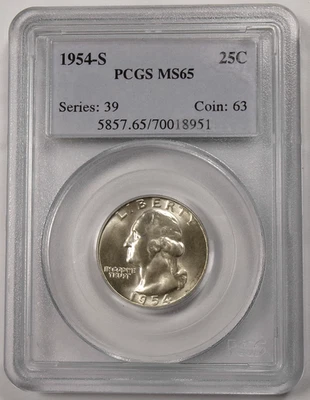 1954-S Washington 25¢ Quarter PCGS MS65 Series 39 Coin 63 Blue Label - Image 1 of 4