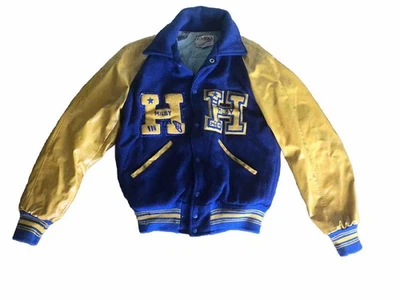 Chaqueta de bombardero universitaria Fab Knit Holts artículos deportivos talla 40 amarillo azul H Milby Foto 1 de 4