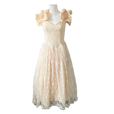 Vintage 80s Scott McClintock Pink Lace Prom Dress Floral Puff Sleeve Hoco - Image 1 of 4