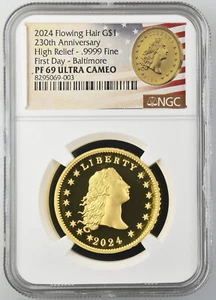 2024 W Flowing Hair 1 Oz Gold High Relief Coin NGC PF69 FDOI Baltimore -In Hand - Picture 1 of 2