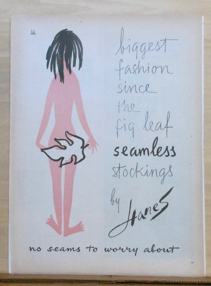 1957 magazine ad for Hanes stockings - biggest fashion since the fig leaf - Image 1 of 1