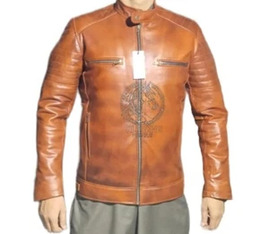 Genuine Leather Brown Men's Biker Jacket With Free Shipping. - Picture 1 of 3