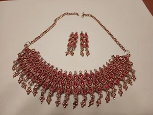 Indian Bollywood Type Necklace Earring Set Red Rhinestone Pink Gold Colored 18in - Picture 1 of 12