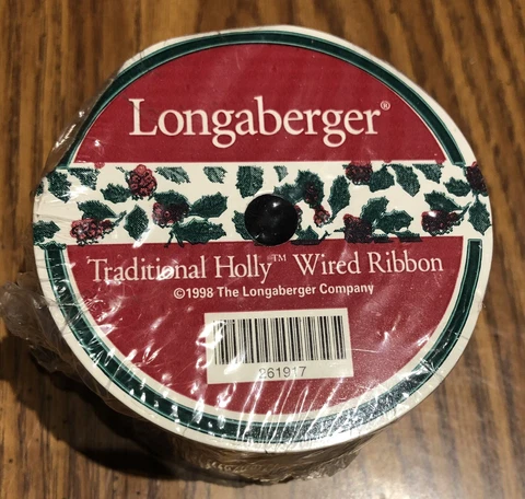 Vintage 1998 Longaberger Traditional Holly Wired Ribbon For Basket Trim/Bows NEW Cover