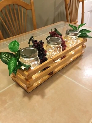 Centro de mesa (3) frascos de albañil con luces decoración de granja de madera natural    Foto 1 de 4