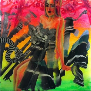 Trespasser - Resined Neon Acrylic & Oil, and Glitter on Canvas 10x10in Painting - Picture 1 of 11