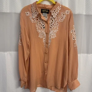 Bob Mackie 100% Silk 2 Piece Button Up Blouse & Tank Medium Peach W White Floral - Picture 1 of 9