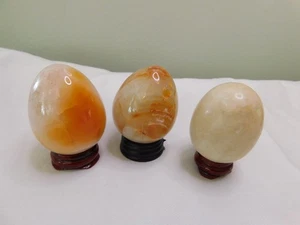 Lot of Three Natural Agate Quartz Crystal Stone Eggs and Bases - Picture 1 of 7
