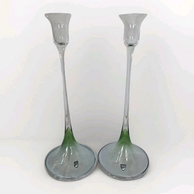 Set Of 2 Orrefors Crystal Tulip Candlestick Holders Original Sticker MCM  - Image 1 of 4