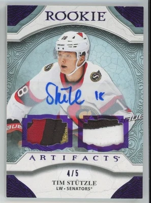 2020-21 UPPER DECK ARTIFACTS Tim Stutzle RC ROOKIE AUTO PATCH PURPLE /5 - Image 1 of 2