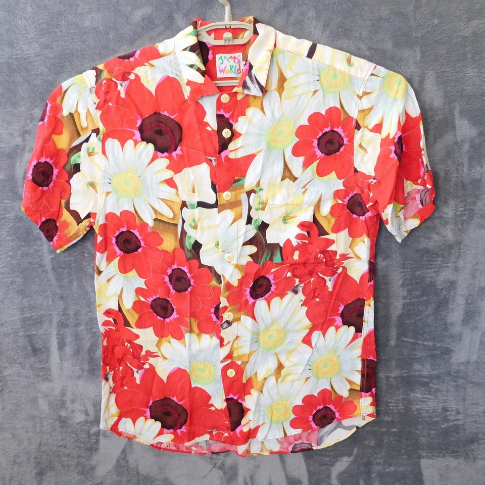 Camisa Vintage Jams World Para Hombre M Hawaiana Roja Blanca Floral Margarita Aloha Camp Foto 1 de 4