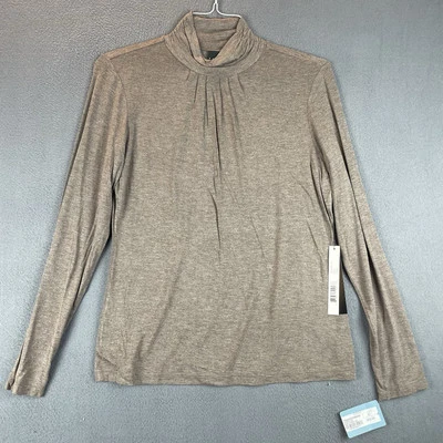 VTG Tribal Mock Neck Ruched Top Sz L NWT Taupe Pleat Long Sleeve Stretch Stylish - Image 1 of 4