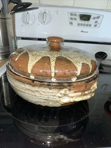 Studio Art Pottery Drip Glaze Casserole Dish Lidded Handles Handcrafted Signed - Picture 1 of 16