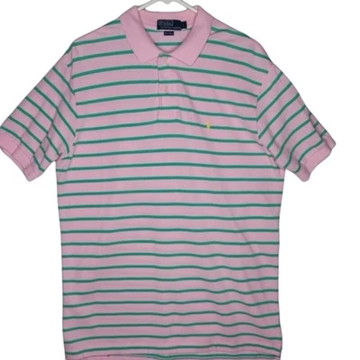 Polo by Ralph Lauren Classic Preppy Knit Pink with Green Stripes Polo Shirt  - Image 1 of 4