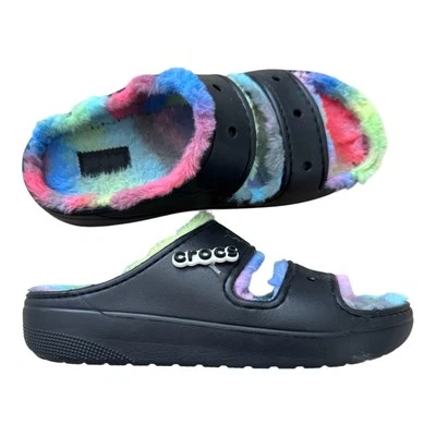 CROCS Classic Cozzzy Spray TieDye Fuzzy Black Colorful Sandal-Women 9/Men 7-NWOT - Image 1 of 4