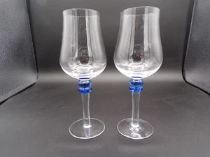 2 Vintage Hand Blown Crystal Wine Glasses Tulip Shape Cobalt Blue Stem 8" I22 - Picture 1 of 11