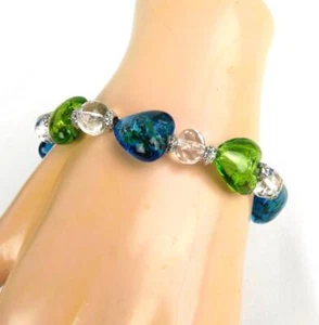 Bracelet Heart Shape Green Blue Glass Beads + Clear Round Beads 8" L Valentine - Picture 1 of 4