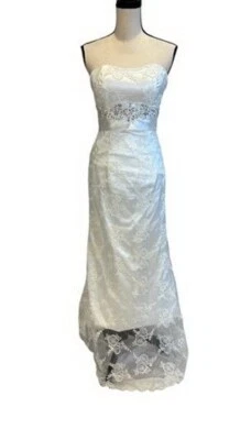 White Strapless Embroidered Beaded Sequin Lace Overlay Wedding Gown Size 6 $525 - Image 1 of 3