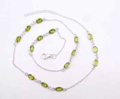 7.80 Gm 925 Sterling Silver Natural Peridot Cut Gemstone Bezel Necklace Size 20" - Image 1 of 4