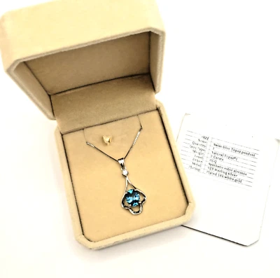 Swiss Blue Topaz & CZ 925 Sterling Silver Pendant Necklace Vintage In Box - Image 1 of 4