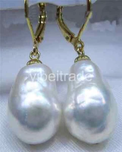 Huge AAA 16X13mm South Sea White Baroque Pearl Earrings 14K YELLOW GOLD - Picture 1 of 2