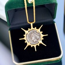 Greek Athena Lira Coin Replica 18K Gold Over Sterling Silver Matte Pendant 5799