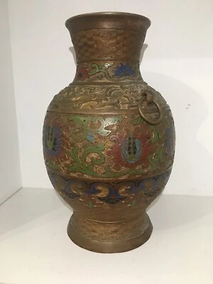 Antique Bronze Brass Japan heavy metal vase pot enameled floral Vintage  12”tall - Image 1 of 4