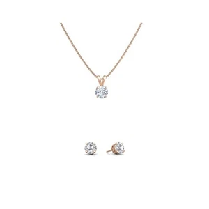 18K Rose Gold 1ct Created White CZ Round 18 Inch Necklace & Earrings Set Plated - Picture 1 of 1