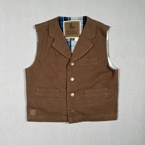 Cody James Western Vest Boy’s Small Brown Canvas Blue Plaid Lining Pockets Rodeo - Picture 1 of 14