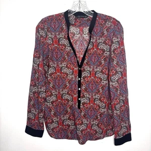 Zara Woman Blouse XS Multicolor Paisley Print Black Trim Boho Chic Festival Top - Picture 1 of 9