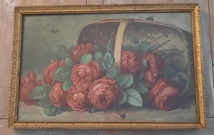 ANTIQUE PAUL DE LONGPRE "A BASKET OF BEAUTIES" RED ROSES ARBUCKLE PRINT - Picture 1 of 23