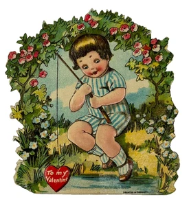 Antique Victorian Embossed German Die-Cut Valentine Card Child Fishing 1926 - Picture 1 of 3