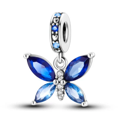 Pulsera MULA Europea Azul Mariposa Dije AAA CZ Para Mujer Chapada en Plata 925 Foto 1 de 4