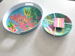 4er Teller Set & Serviertablett Melamin Isaac Mizrahi Outdoor Kollektion Tropical - Bild 1 von 2