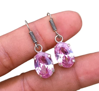 Pendiente de topacio facetado rosa con punta de vidrio enchapado en plata de ley 925 joyería VO33 Foto 1 de 4