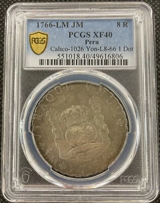 Peru 1766-LM JM 8 Reales Single Dot over left mintmark PCGS XF 40 - Image 1 of 2