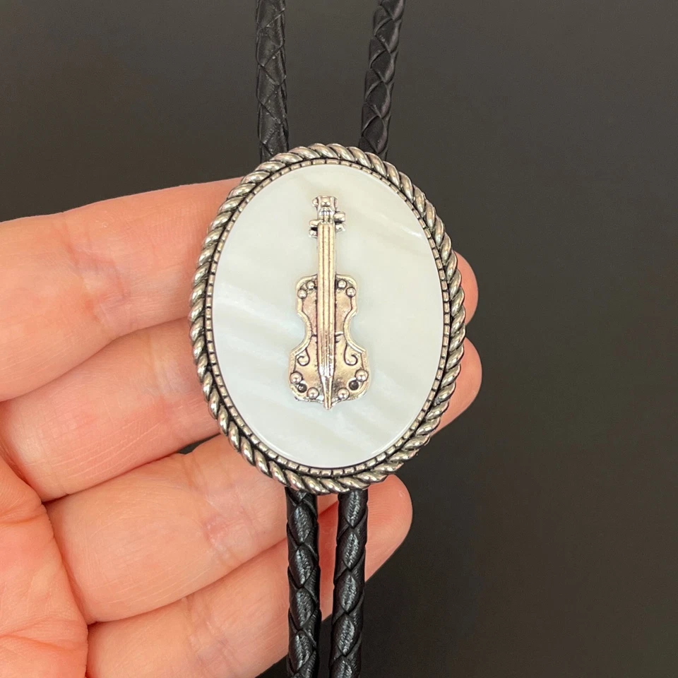 Madre de la Perla y Plata Violín Bolo Corbata Western Cuero Real Cuerda Collar Foto 1 de 4