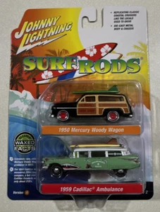 NEW 2024 Johnny Lightning Surf Rods  1950 Mercury Woody & 59 Cadillac Ambulance - Picture 1 of 2