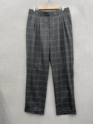HILTL Men's 36x38 Pants Navy Blue Green Plaid Wool Pleated Cuffed - Image 1 of 4
