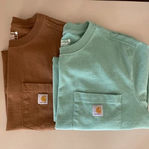 Carhartt Youth Size Large 14/16 T Shirt Lot of Two Brown Teal Front Pocket Logo - Picture 1 of 11