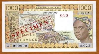 SPECIMEN West African States, Ivory Coast, 1000 (1,000) Fr, 1990 P-107As UNC - Image 1 of 2